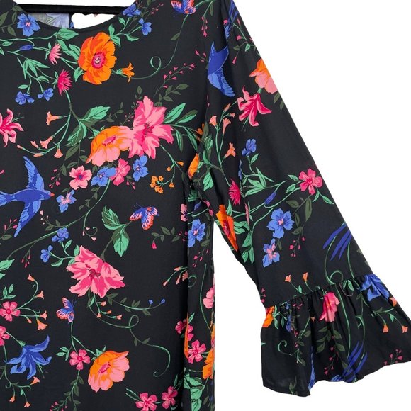 Old Navy Size X-Large Long Bell Sleeve Black Multicolor Floral Shift Dress Rayon - Picture 3 of 6